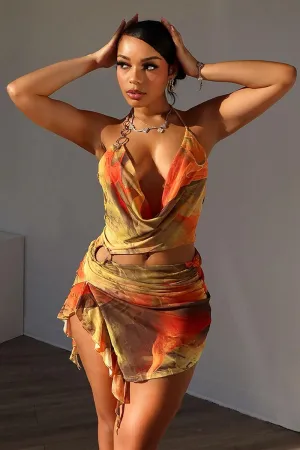 Plunging Neck Halter Backless O-Ring Irregular Ruffle Hem Print Party Mini Dresses