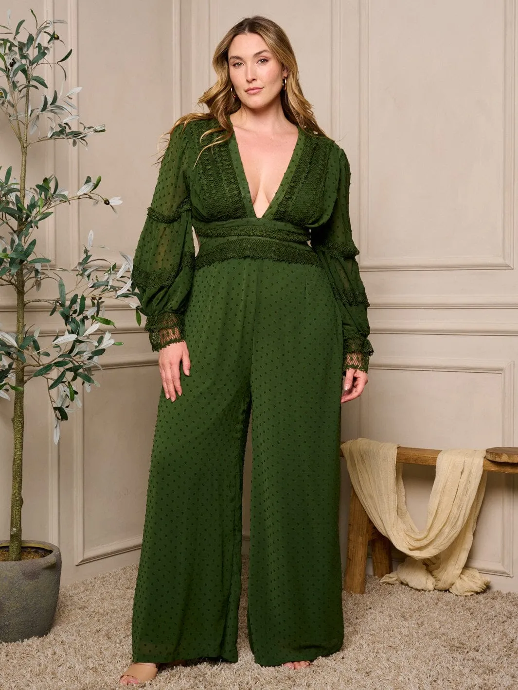 PLUS SIZE LONG SLEEVE V-NECK OPEN BACK SWISS DOT WIDE LEG JUMPSUIT