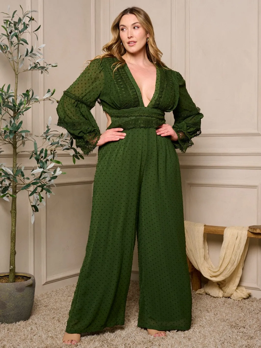 PLUS SIZE LONG SLEEVE V-NECK OPEN BACK SWISS DOT WIDE LEG JUMPSUIT