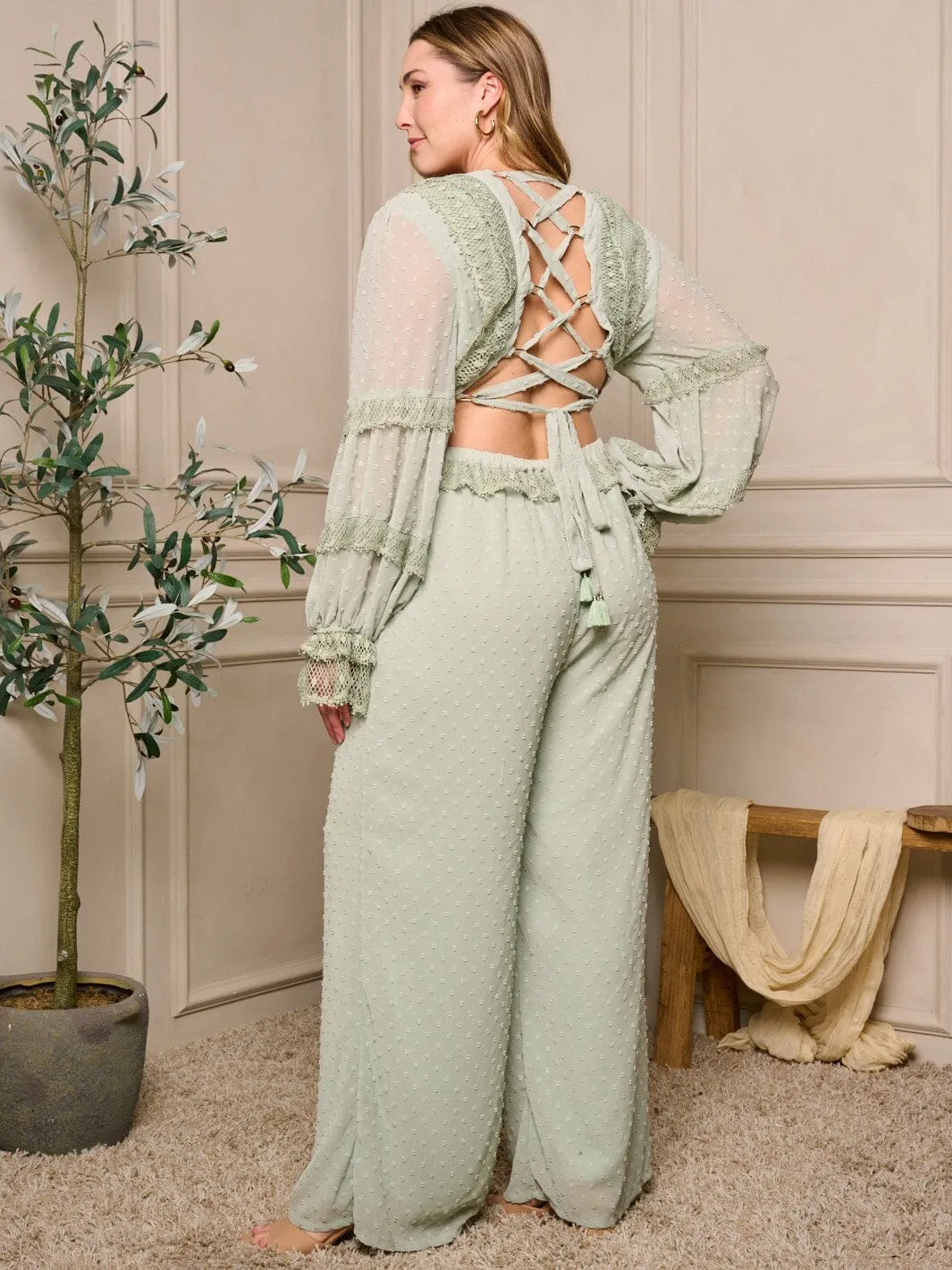 PLUS SIZE LONG SLEEVE V-NECK OPEN BACK SWISS DOT WIDE LEG JUMPSUIT