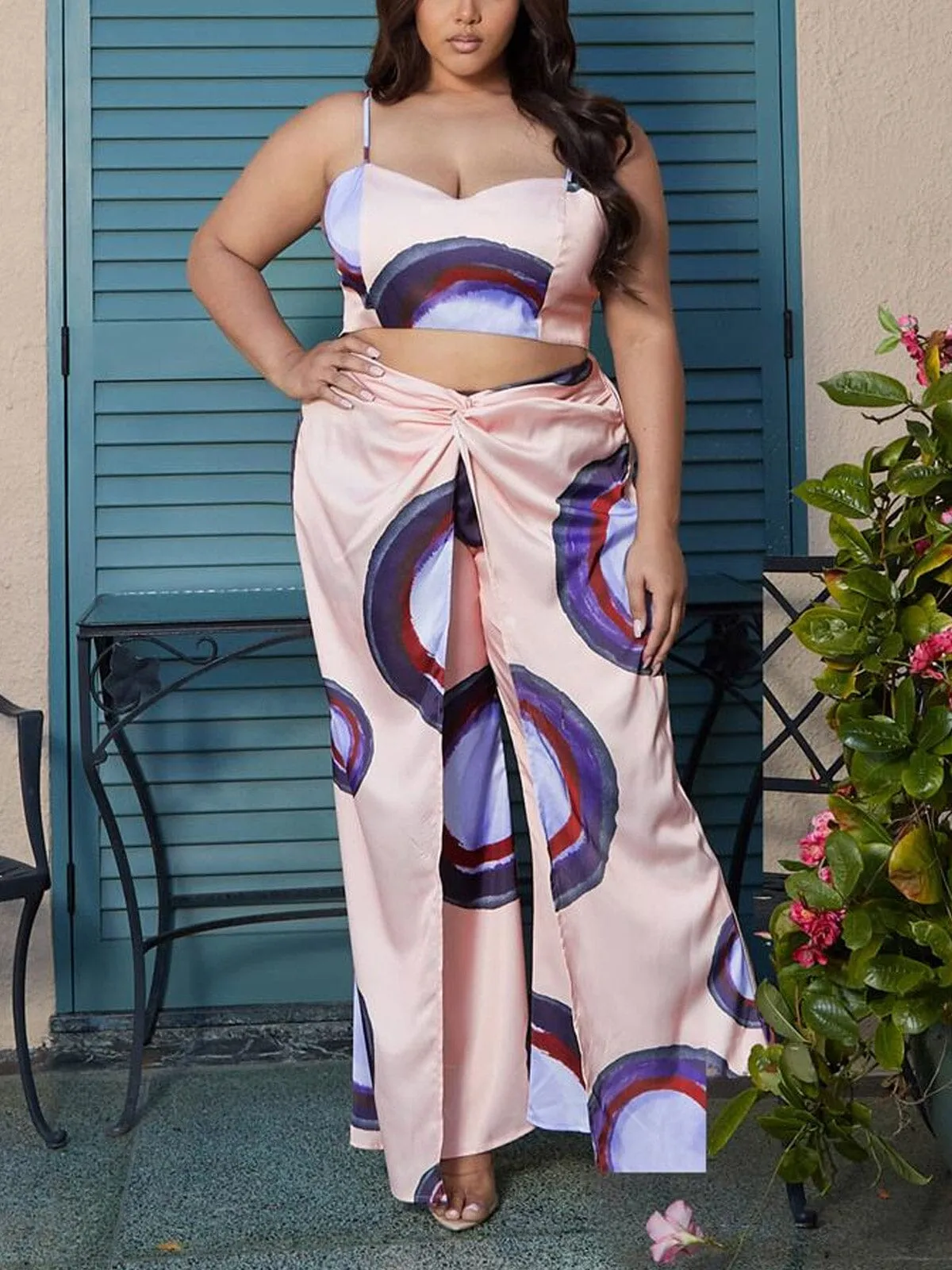 PLUS SIZE SLEEVELESS CROP TOP & PANTS MULTI PRINT SET