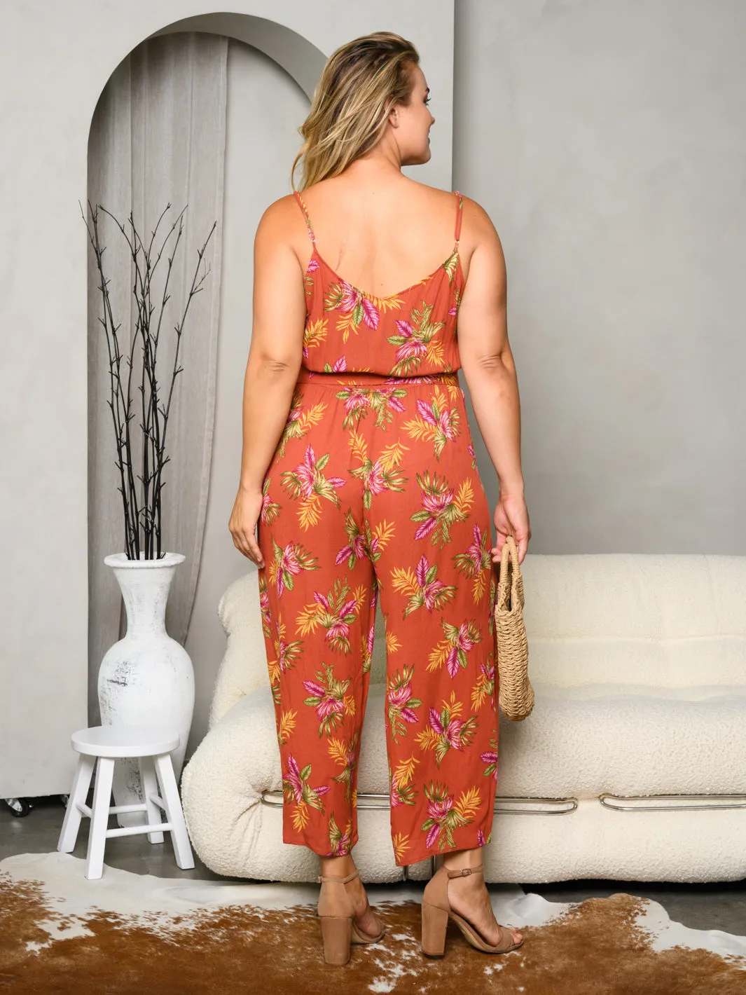 PLUS SIZE SLEEVELESS LEAF PRINT SELF TIE JUMPSUIT
