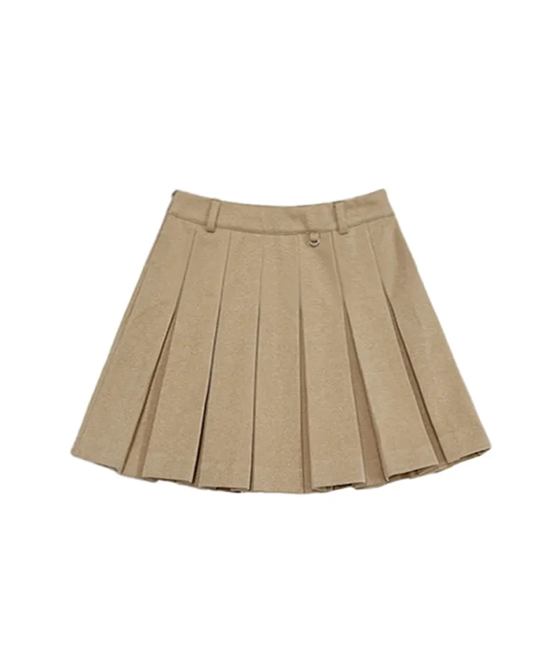 Q.C PLAY: Winter Fleece Woven Pleated A-Line Back Banding Skirt - Beige
