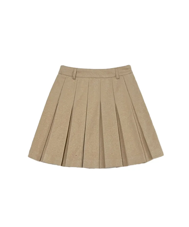 Q.C PLAY: Winter Fleece Woven Pleated A-Line Back Banding Skirt - Beige