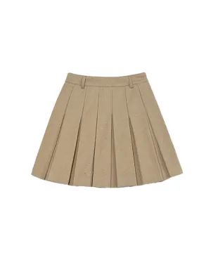 Q.C PLAY: Winter Fleece Woven Pleated A-Line Back Banding Skirt - Beige