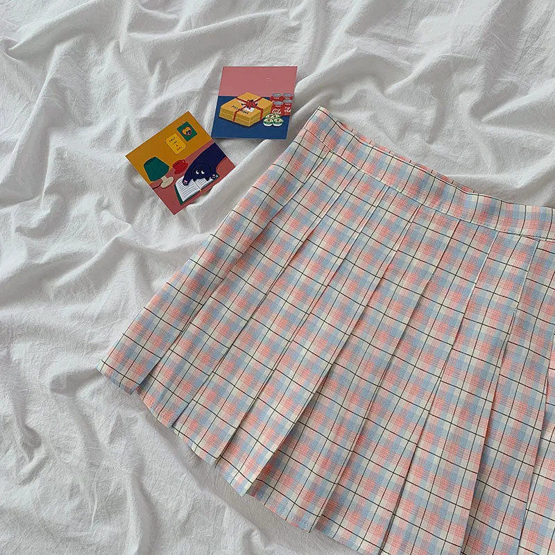 "SEVEN COLORS PASTEL PLAID PLEATED" SKIRT N031603