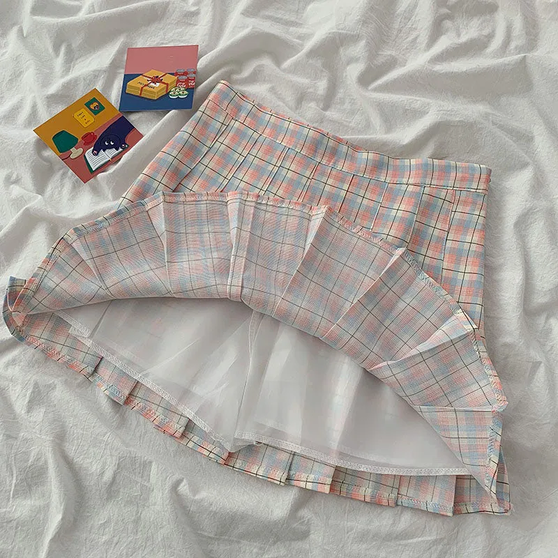 "SEVEN COLORS PASTEL PLAID PLEATED" SKIRT N031603