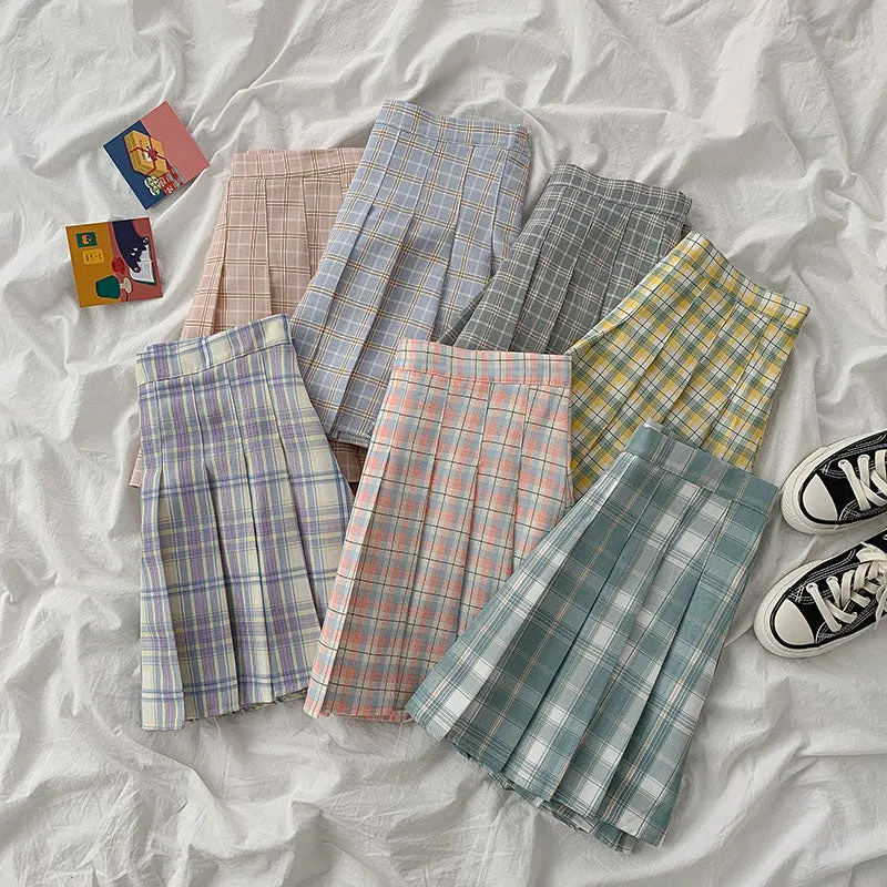 "SEVEN COLORS PASTEL PLAID PLEATED" SKIRT N031603