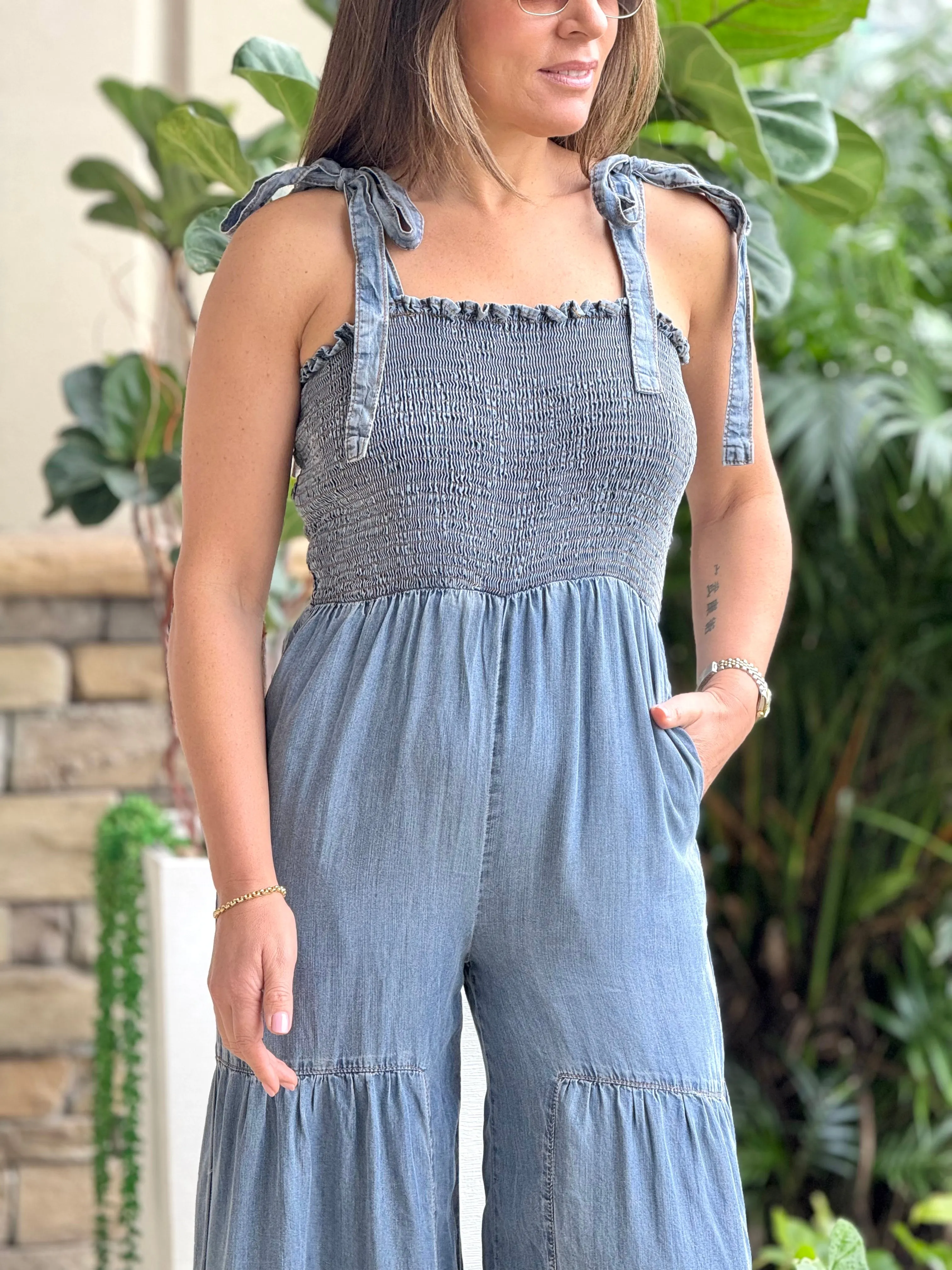 "Victoria" Sleeveless Denim Wide leg Jumpsuit