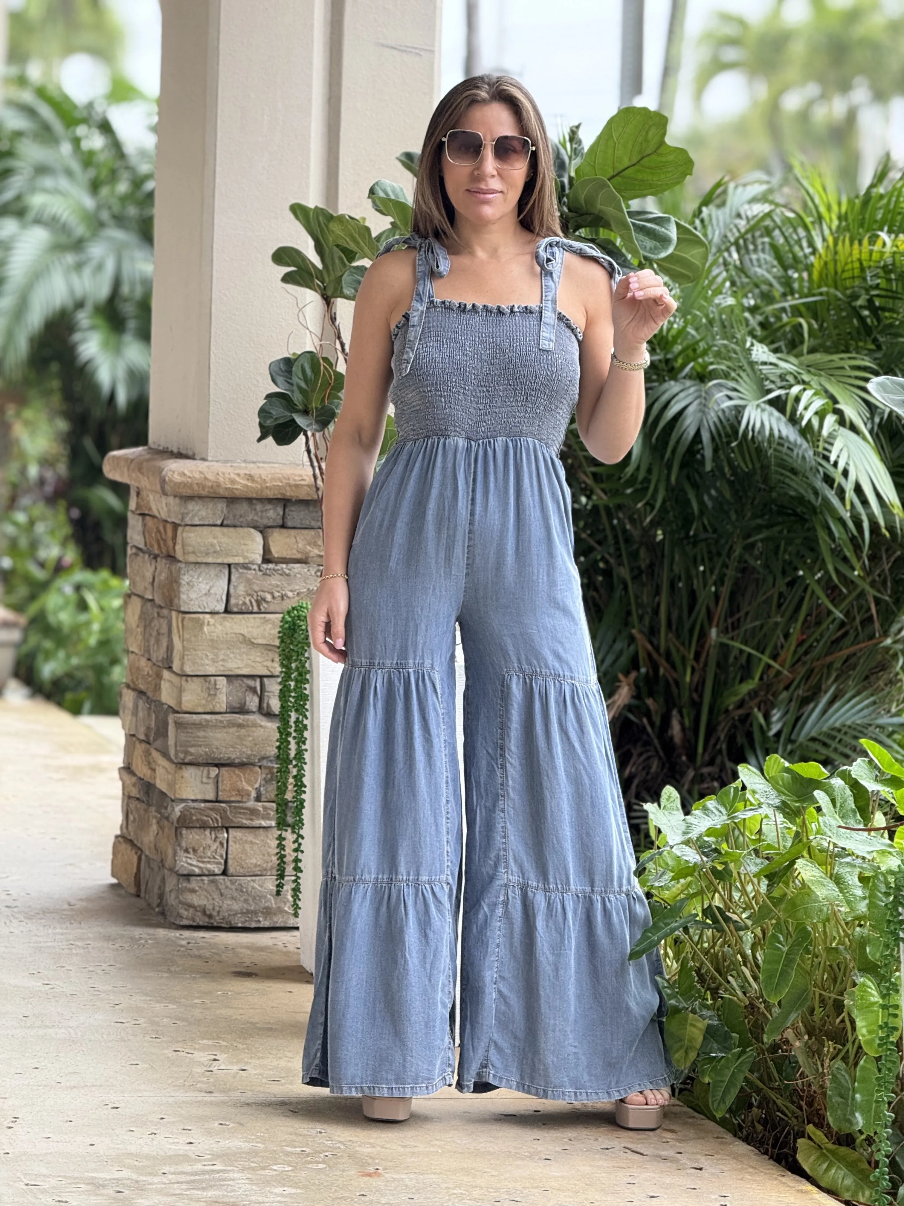 "Victoria" Sleeveless Denim Wide leg Jumpsuit
