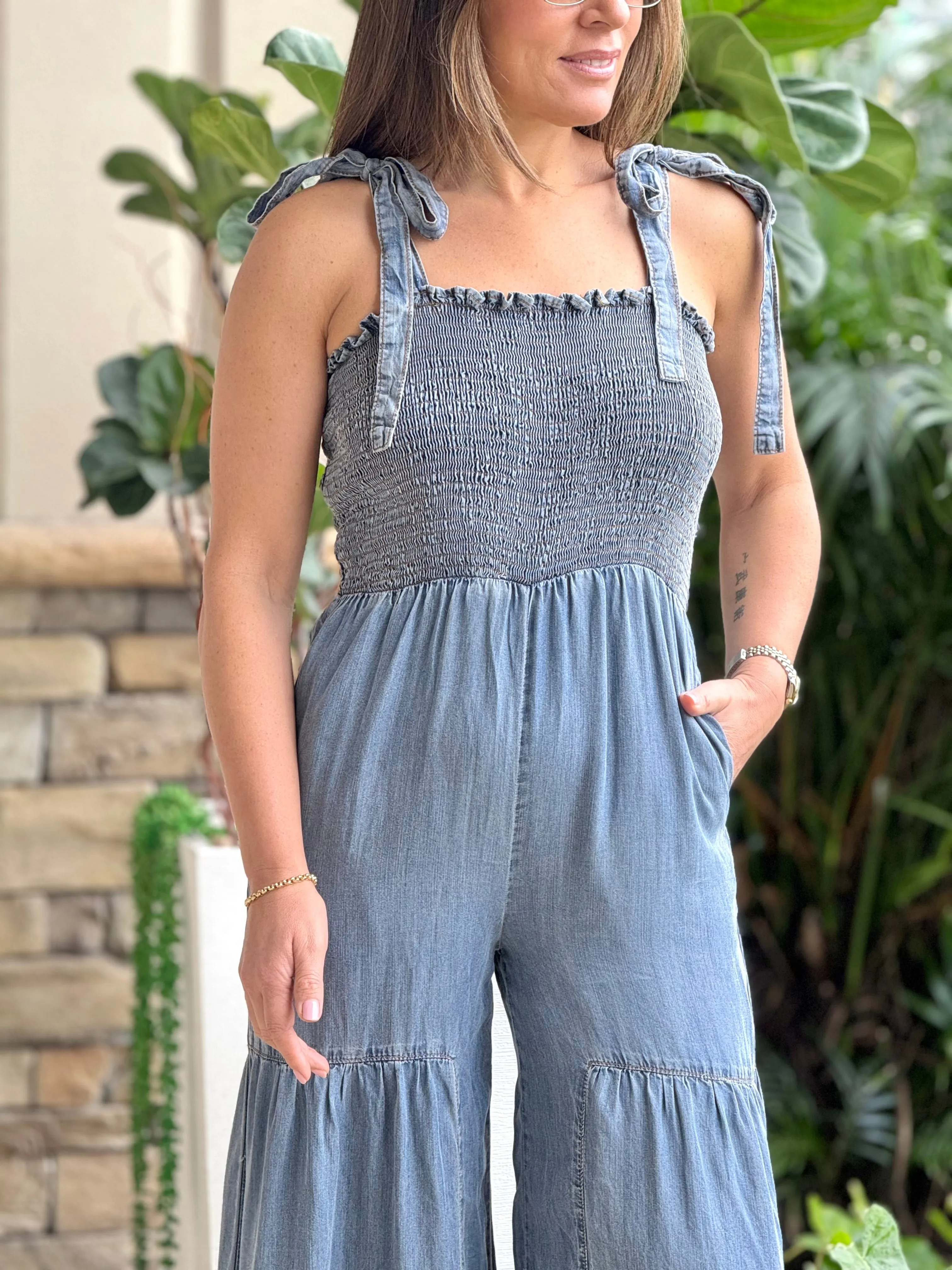 "Victoria" Sleeveless Denim Wide leg Jumpsuit