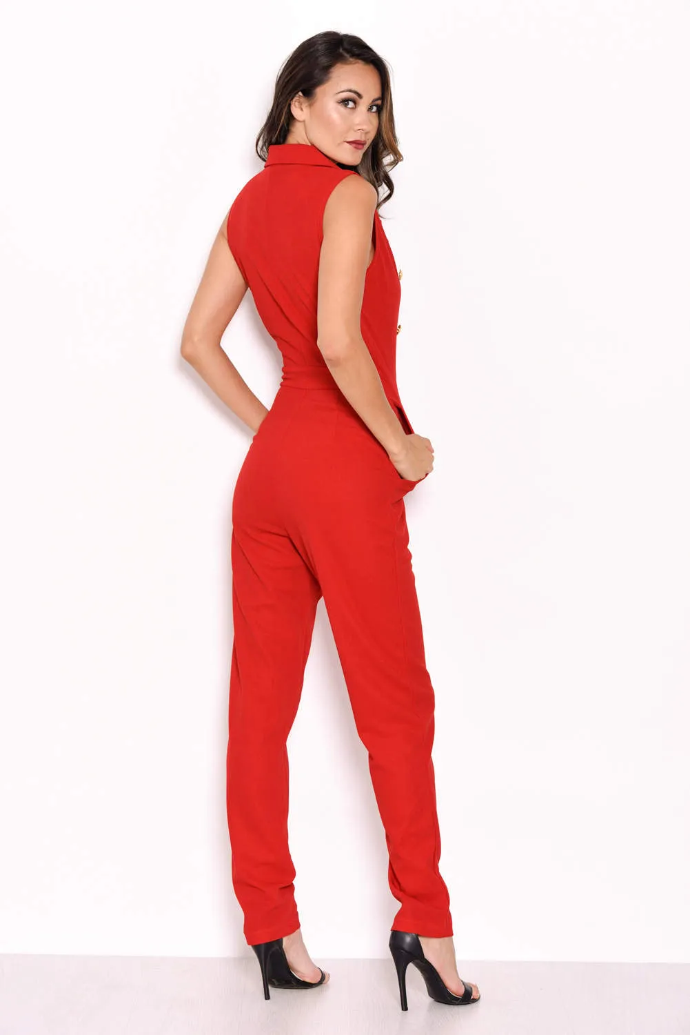Red Sleeveless Jumpsuit with Military Buttons