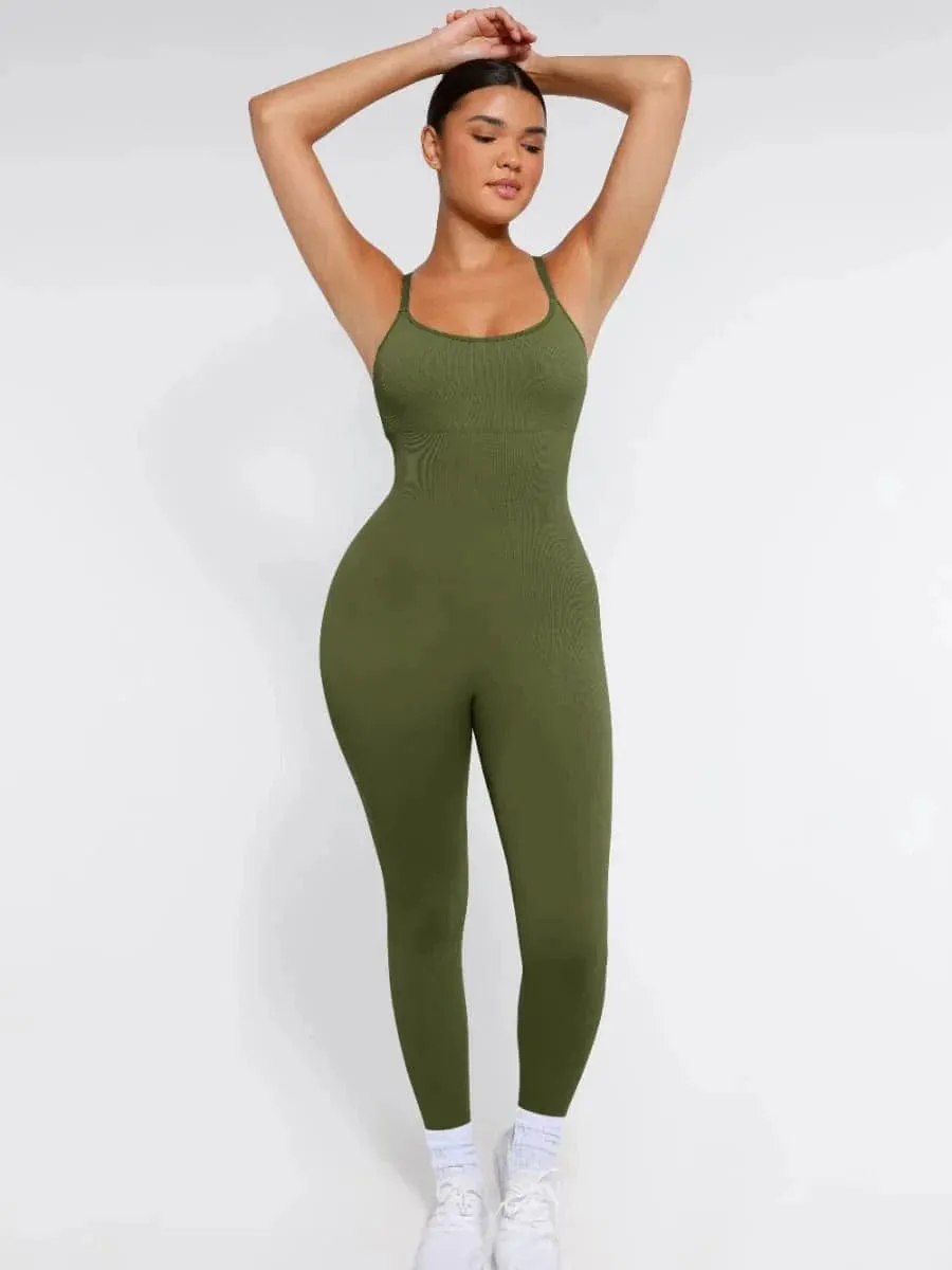 Ribbed Plus Size Bodycon Jumpsuits Shaper with Removable Pads