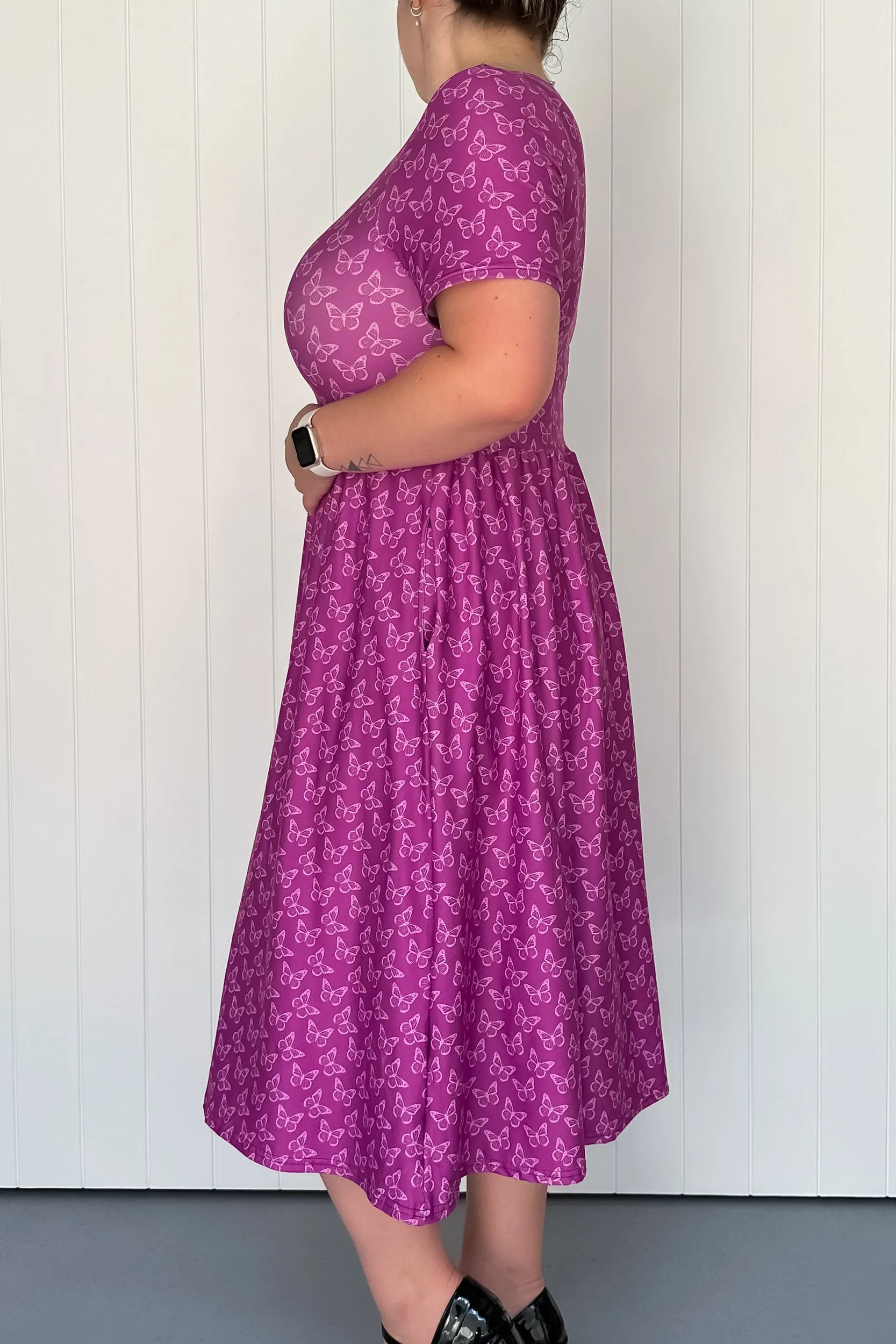 Rich Purple Butterflies - Midi Dress - Short Sleeve - Pockets