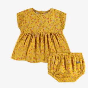 Robe jaune fleurie en viscose avec bloomer, naissance || Yellow flowery dress in viscose with bloomer, newborn