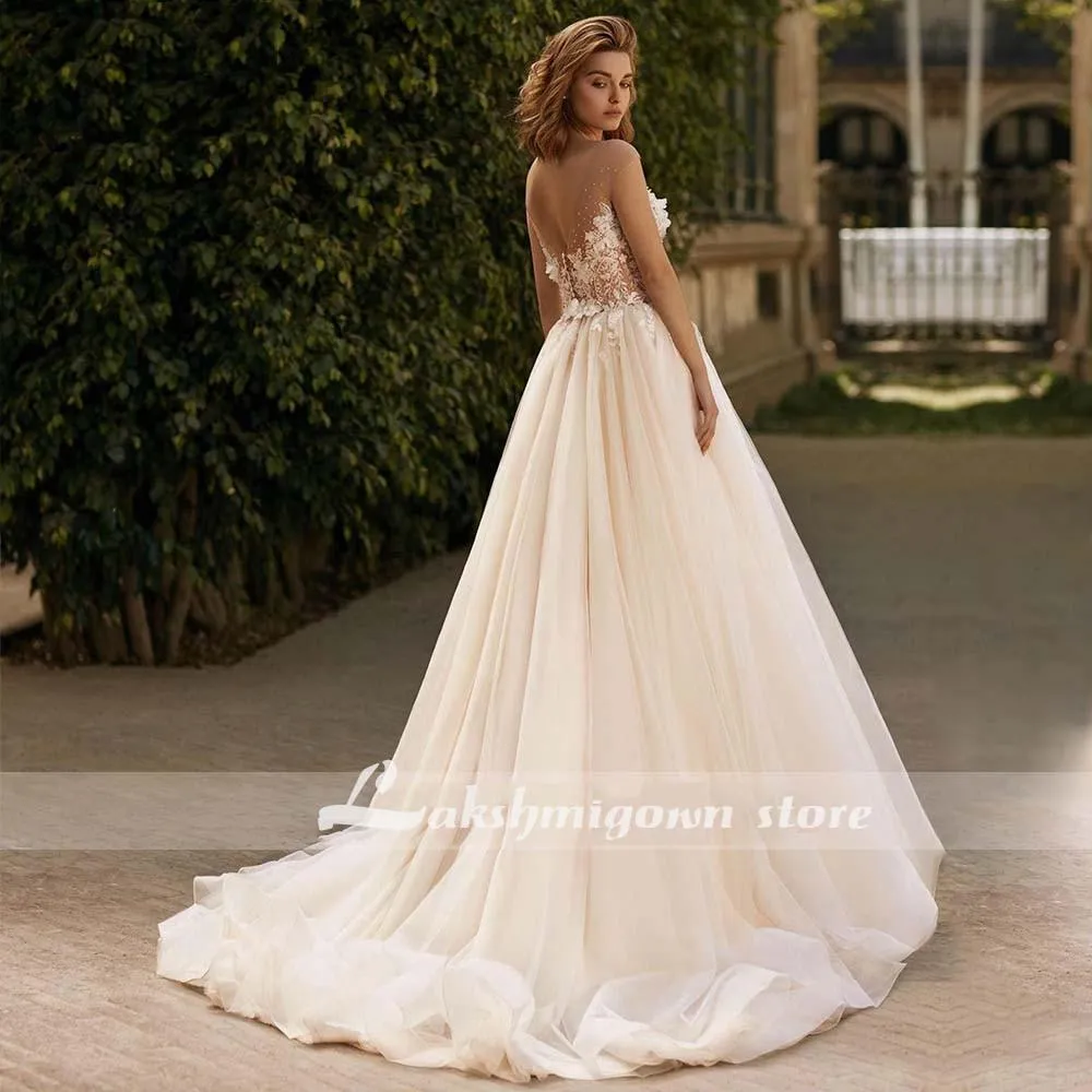 Roycebridal Illusion Scoop A Line Lace Wedding Dresses Appliques Beading