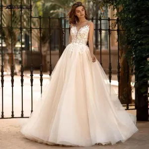 Roycebridal Illusion Scoop A Line Lace Wedding Dresses Appliques Beading