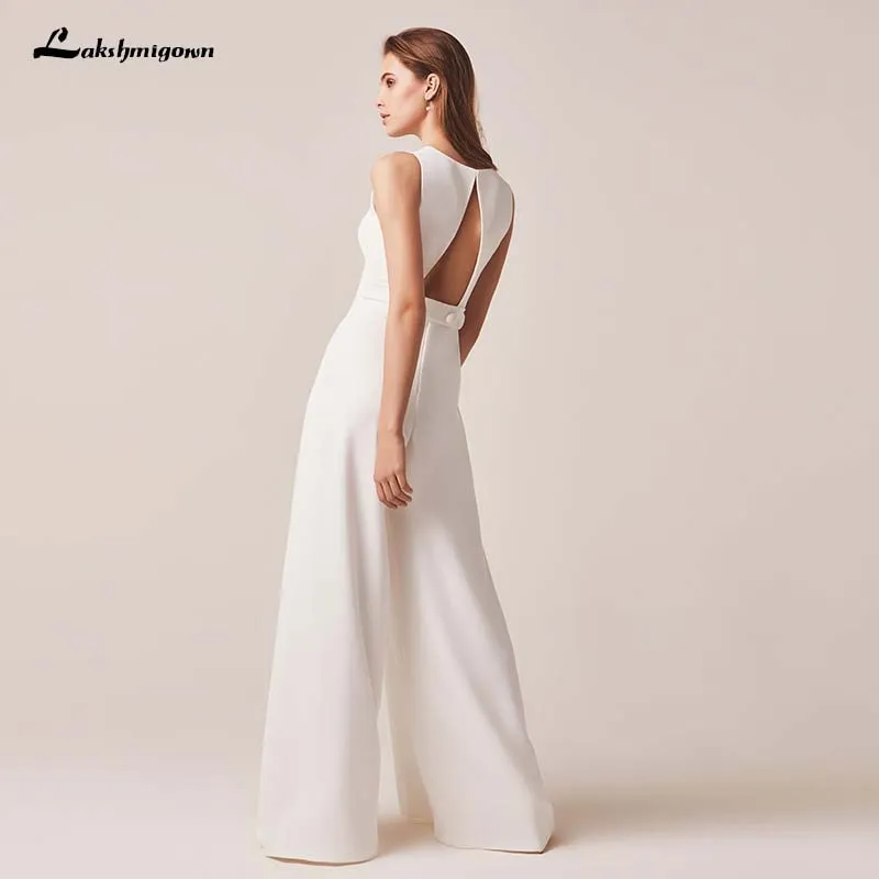 Roycebridal Jumpsuits Wedding Dresses 2020 Simple White Ivory Wedding gown Pants Suits Pleated Bride Gown Bridal Formal Dresses