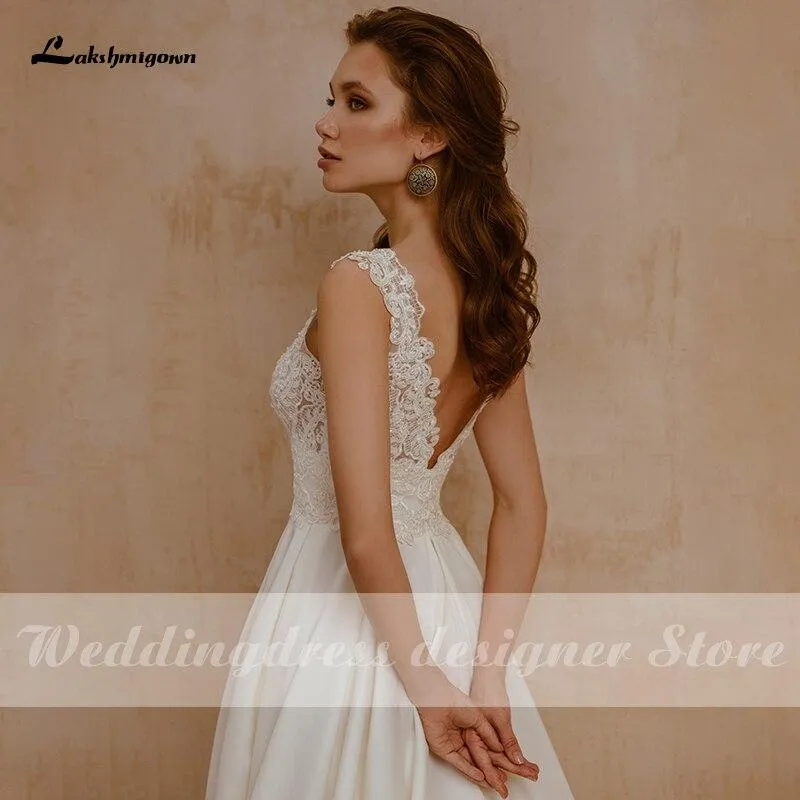 Roycebridal Lace V Neck A Line Wedding Dresses Beads Backless Elegant Satin