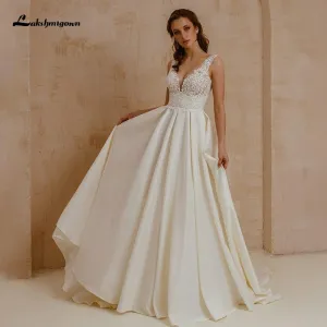 Roycebridal Lace V Neck A Line Wedding Dresses Beads Backless Elegant Satin