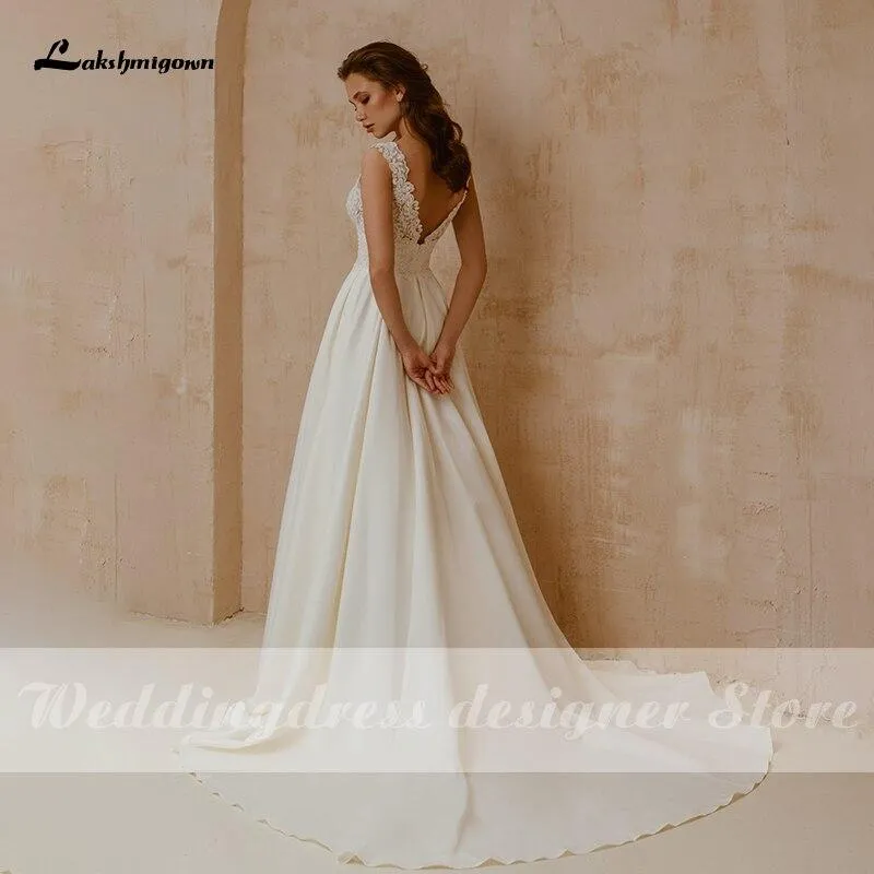 Roycebridal Lace V Neck A Line Wedding Dresses Beads Backless Elegant Satin
