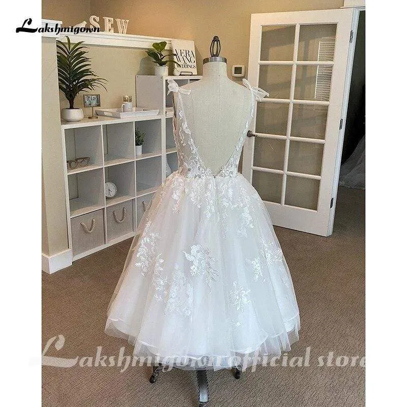 Roycebridal Lakshmigown Short Wedding Dresses V Neck Lace