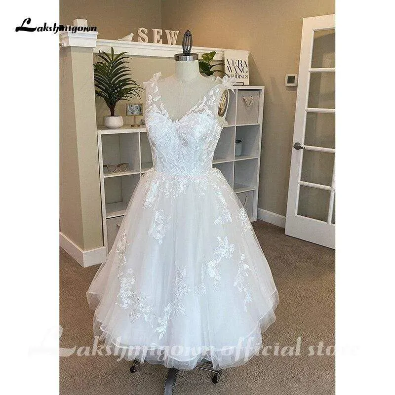 Roycebridal Lakshmigown Short Wedding Dresses V Neck Lace