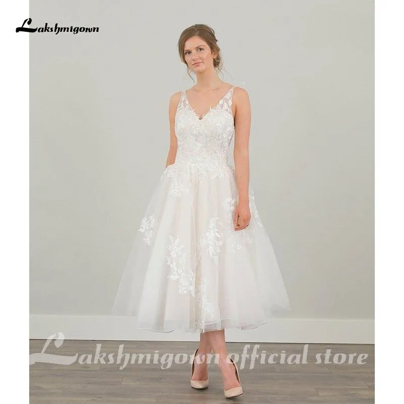 Roycebridal Lakshmigown Short Wedding Dresses V Neck Lace