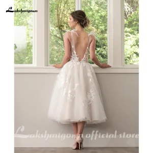 Roycebridal Lakshmigown Short Wedding Dresses V Neck Lace