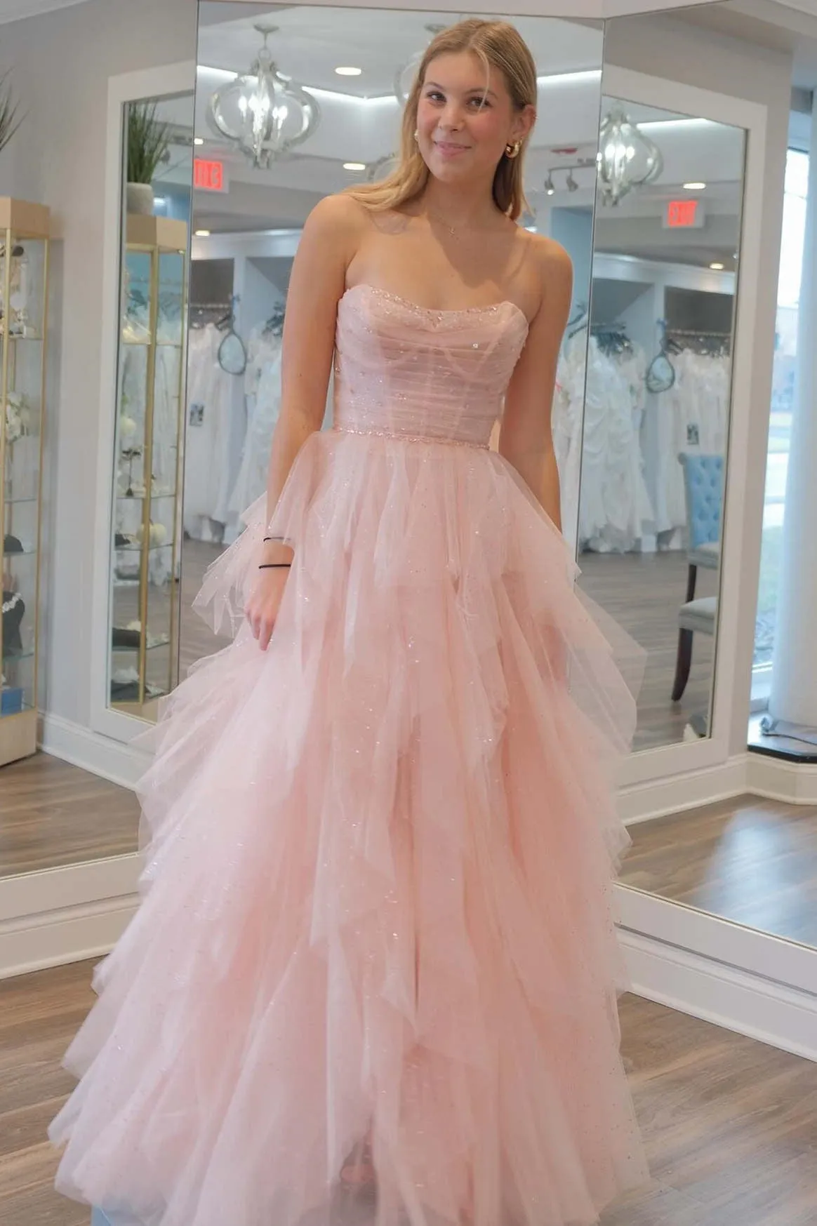 Roycebridal Patsy | Strapless Light Pink Sequin Beaded Ruffle Tulle Prom Dress