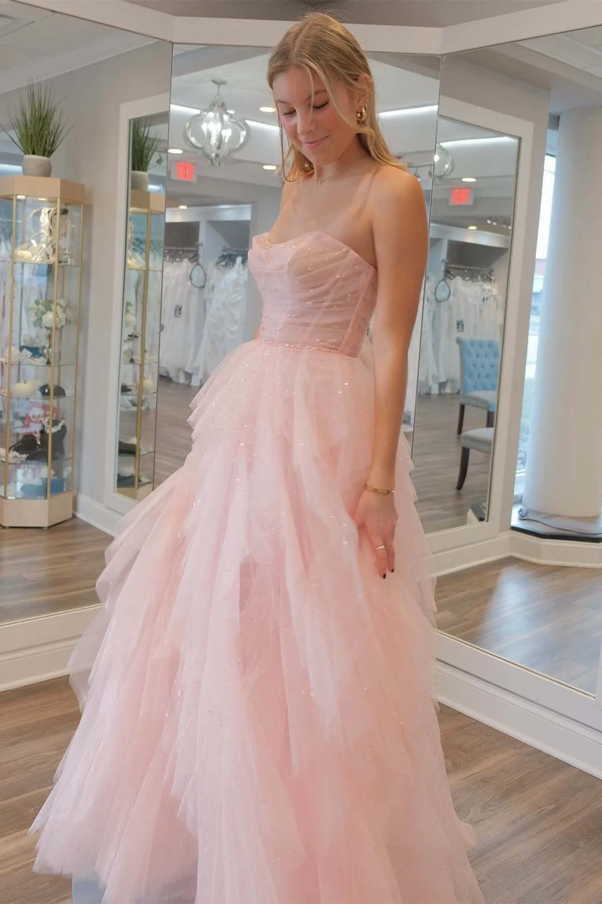 Roycebridal Patsy | Strapless Light Pink Sequin Beaded Ruffle Tulle Prom Dress