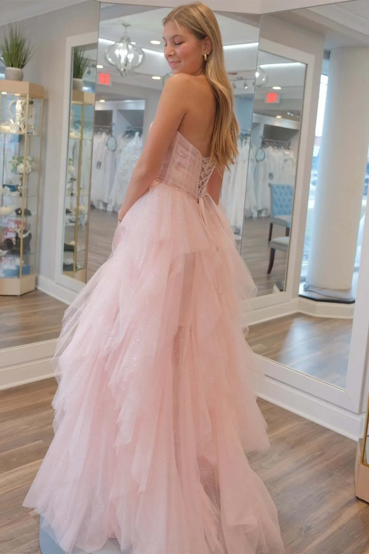 Roycebridal Patsy | Strapless Light Pink Sequin Beaded Ruffle Tulle Prom Dress