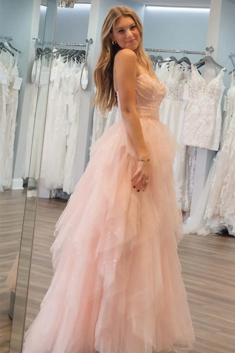 Roycebridal Patsy | Strapless Light Pink Sequin Beaded Ruffle Tulle Prom Dress
