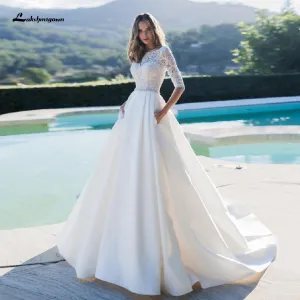 Roycebridal Satin Wedding Dress Lace Half Sleeves A Line