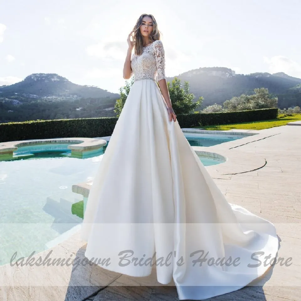 Roycebridal Satin Wedding Dress Lace Half Sleeves A Line