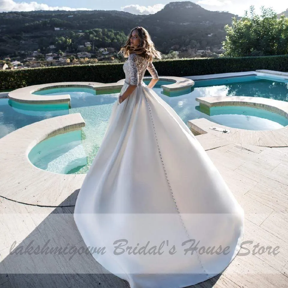 Roycebridal Satin Wedding Dress Lace Half Sleeves A Line