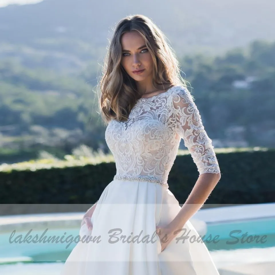 Roycebridal Satin Wedding Dress Lace Half Sleeves A Line