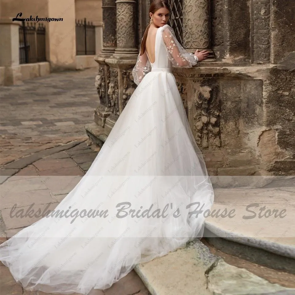 Roycebridal Satin Wedding Dress Puffy Sleeves Sexy Birdal Princess