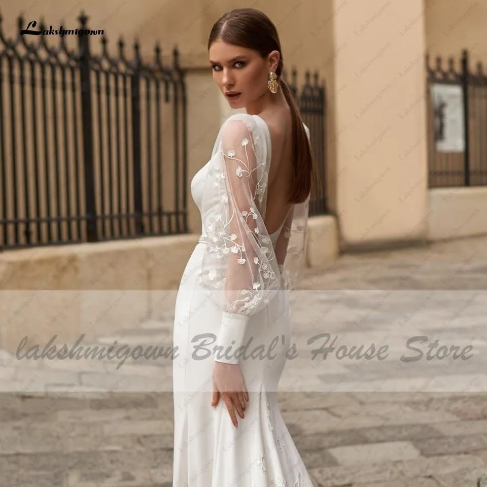 Roycebridal Satin Wedding Dress Puffy Sleeves Sexy Birdal Princess