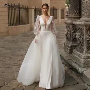 Roycebridal Satin Wedding Dress Puffy Sleeves Sexy Birdal Princess