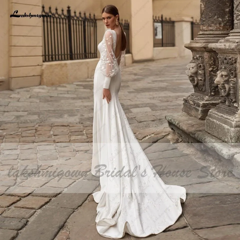 Roycebridal Satin Wedding Dress Puffy Sleeves Sexy Birdal Princess