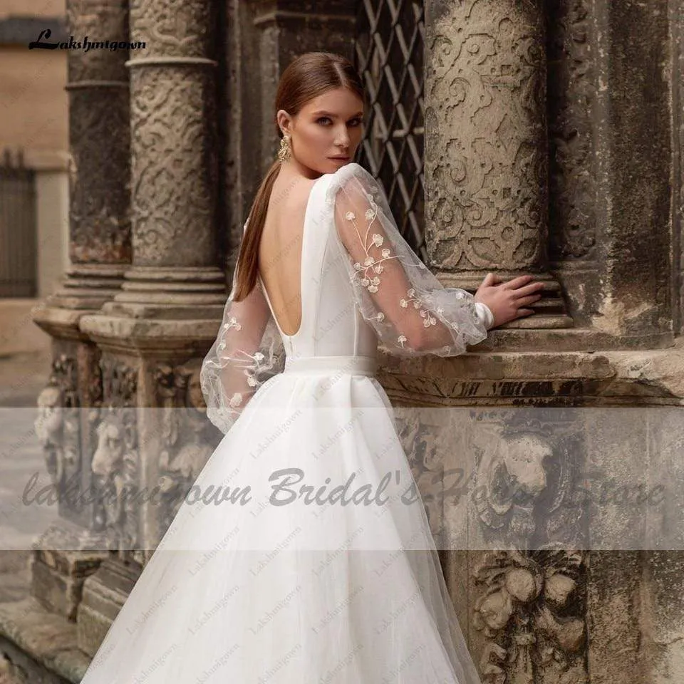 Roycebridal Satin Wedding Dress Puffy Sleeves Sexy Birdal Princess