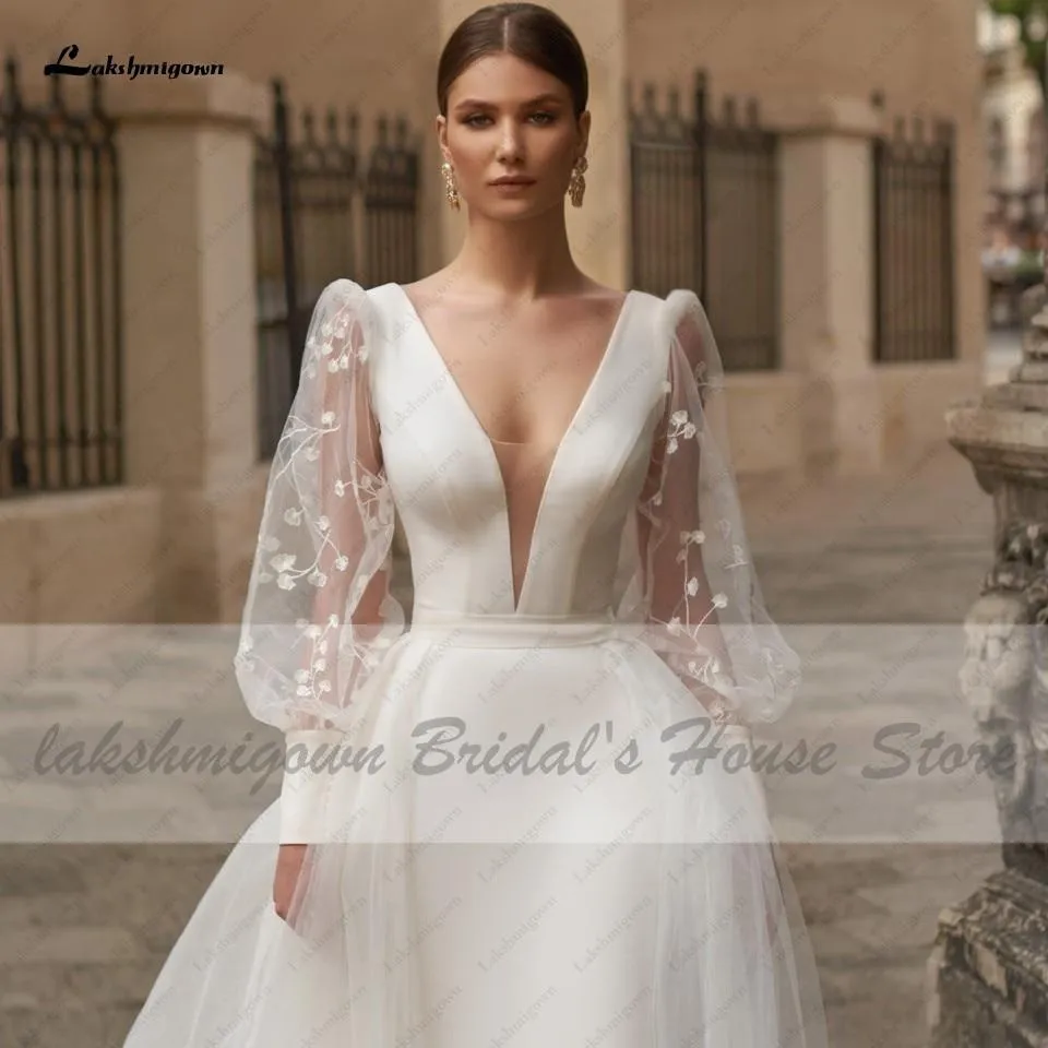 Roycebridal Satin Wedding Dress Puffy Sleeves Sexy Birdal Princess