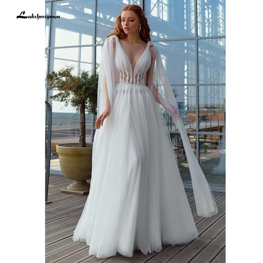 Roycebridal Sexy Deep V Neck Open Back fairy Tulle Wedding Dresses