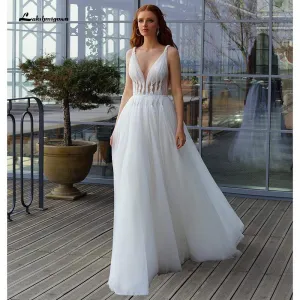 Roycebridal Sexy Deep V Neck Open Back fairy Tulle Wedding Dresses