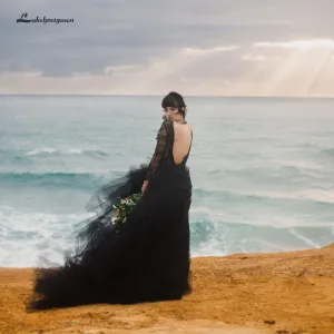 Roycebridal Sexy Gothic Black Beach Wedding Dress Long Sleeve