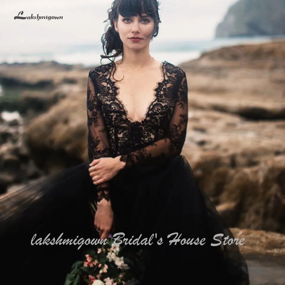 Roycebridal Sexy Gothic Black Beach Wedding Dress Long Sleeve