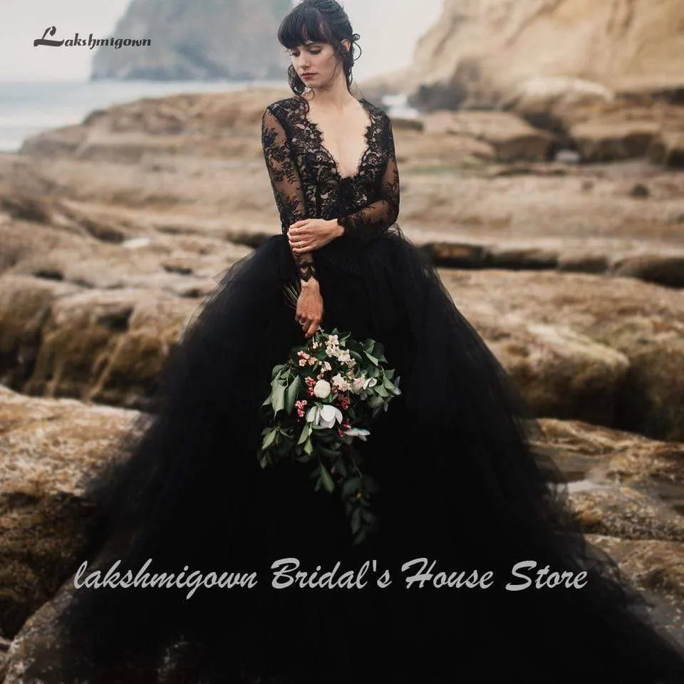 Roycebridal Sexy Gothic Black Beach Wedding Dress Long Sleeve