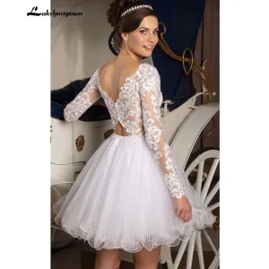 Roycebridal Sexy Tulle Wedding Dress Short Cheap Wedding Reception Dresses V Neck With Long Sleeves Lace Wedding Bridal Gowns
