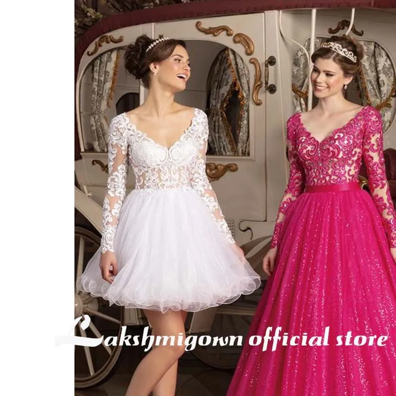 Roycebridal Sexy Tulle Wedding Dress Short Cheap Wedding Reception Dresses V Neck With Long Sleeves Lace Wedding Bridal Gowns